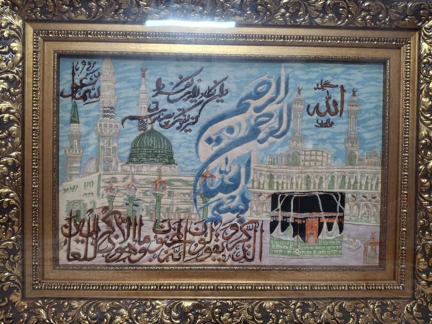 Handwoven Carpet Panel of Mecca and Al-Masjid an-Nabawi, Wool and Silk